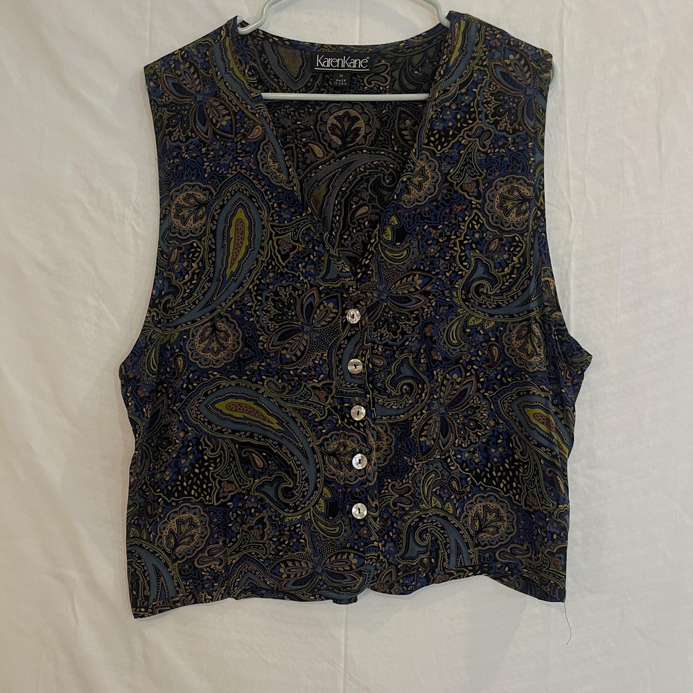 Karen Kane Vest Womens Medium Blue Paisley Button Front Tie Back Made in USA